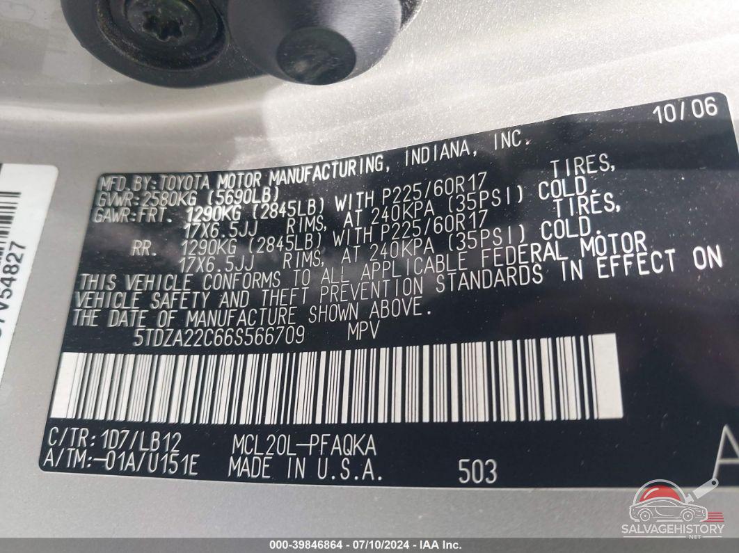 5TDZA22C66S566709 2006 TOYOTA SIENNA photo no. 9