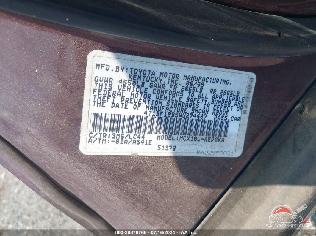 4T1BF18B5WU274407 1998 TOYOTA AVALON photo no. 9