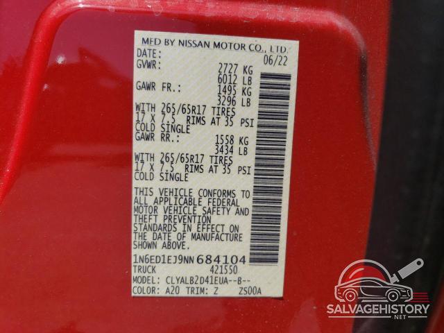 1N6ED1EJ9NN684104 2022 NISSAN FRONTIER photo no. 12