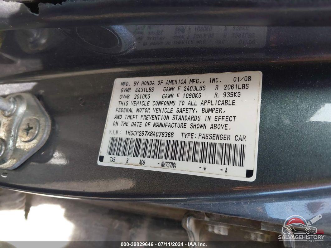 1HGCP267X8A079368 2008 HONDA ACCORD photo no. 9