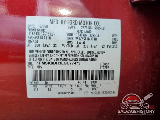 1FMSK8DH3LGC77475 2020 FORD EXPLORER photo no. 14