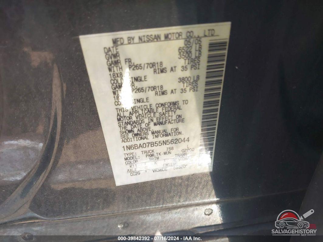 1N6BA07B55N562044 2005 NISSAN TITAN photo no. 9