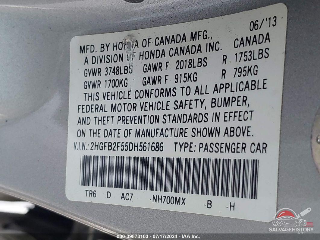 2HGFB2F55DH561686 2013 HONDA CIVIC photo no. 9