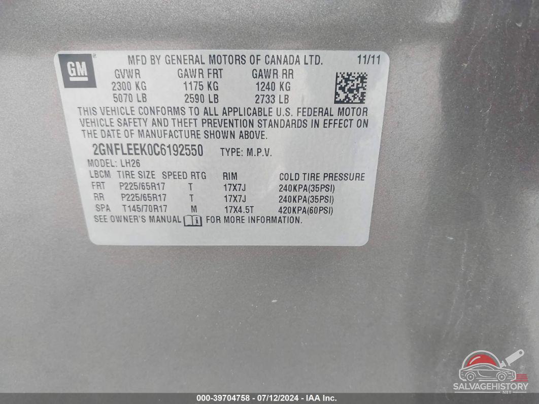 2GNFLEEK0C6192550 2012 CHEVROLET EQUINOX photo no. 9