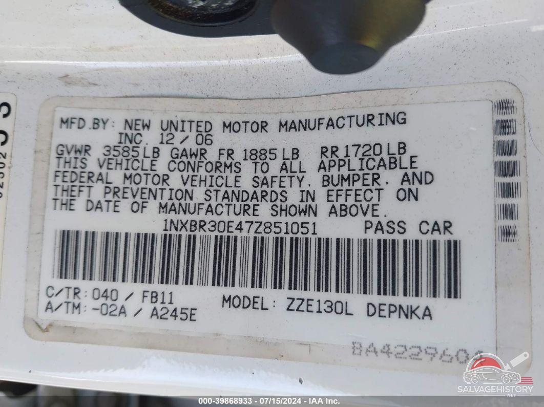 1NXBR30E47Z851051 2007 TOYOTA COROLLA photo no. 9