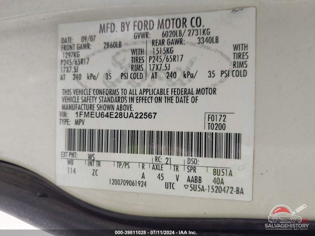 1FMEU64E28UA22567 2008 FORD EXPLORER photo no. 9