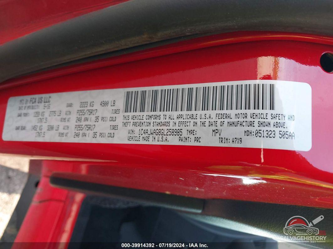 1C4AJWAG8GL258985 2016 JEEP WRANGLER photo no. 9