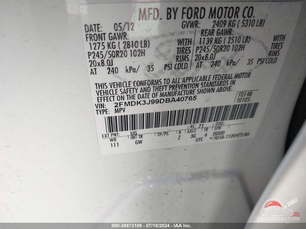 2FMDK3J99DBA40765 2013 FORD EDGE photo no. 9