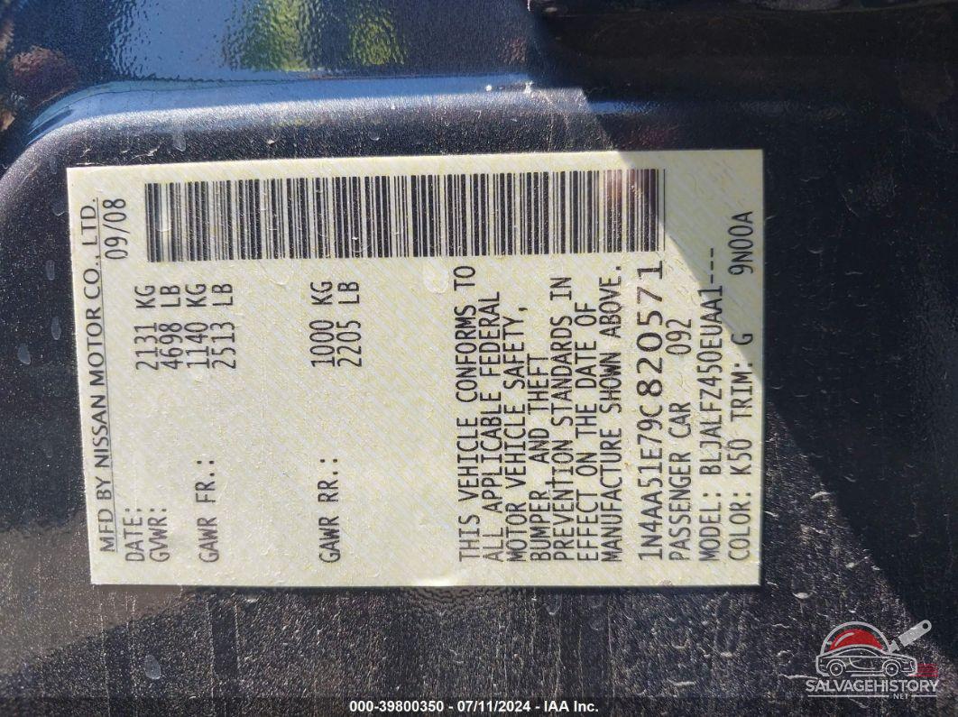 1N4AA51E79C820571 2009 NISSAN MAXIMA photo no. 9