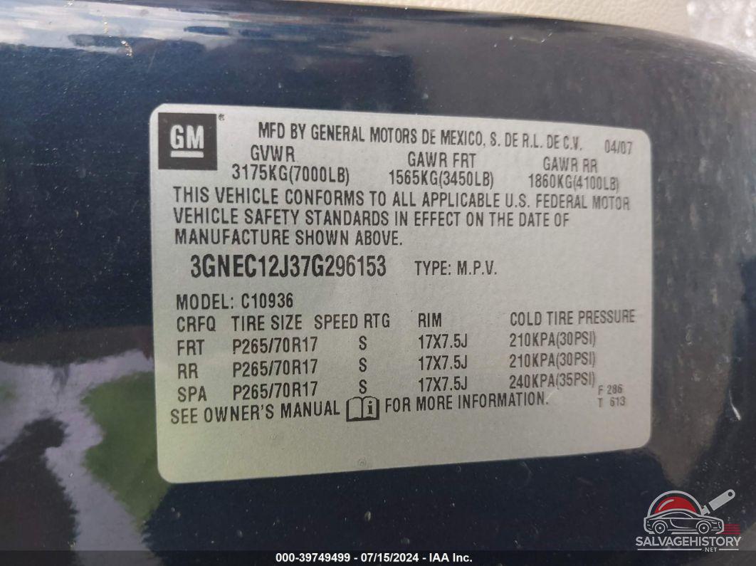 3GNEC12J37G296153 2007 CHEVROLET AVALANCHE 1500 photo no. 9