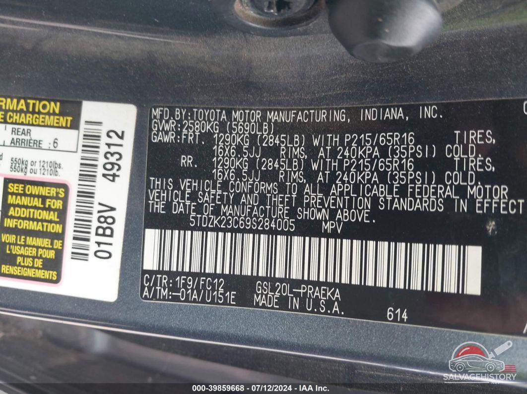 5TDZK23C69S284005 2009 TOYOTA SIENNA photo no. 9