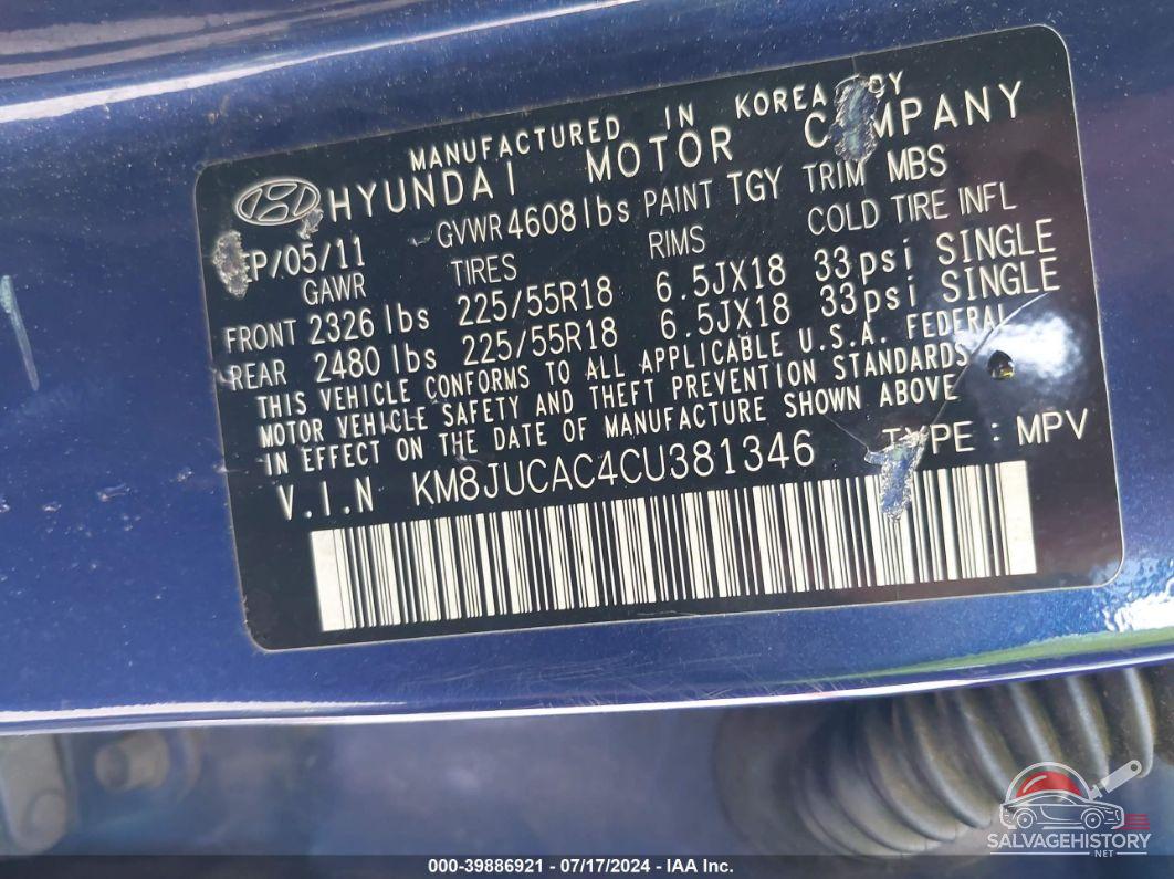 KM8JUCAC4CU381346 2012 HYUNDAI TUCSON photo no. 9