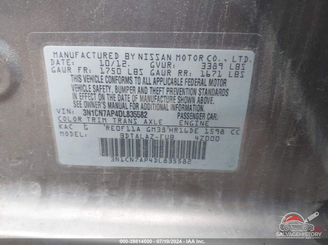 3N1CN7AP4DL835582 2013 NISSAN VERSA photo no. 9
