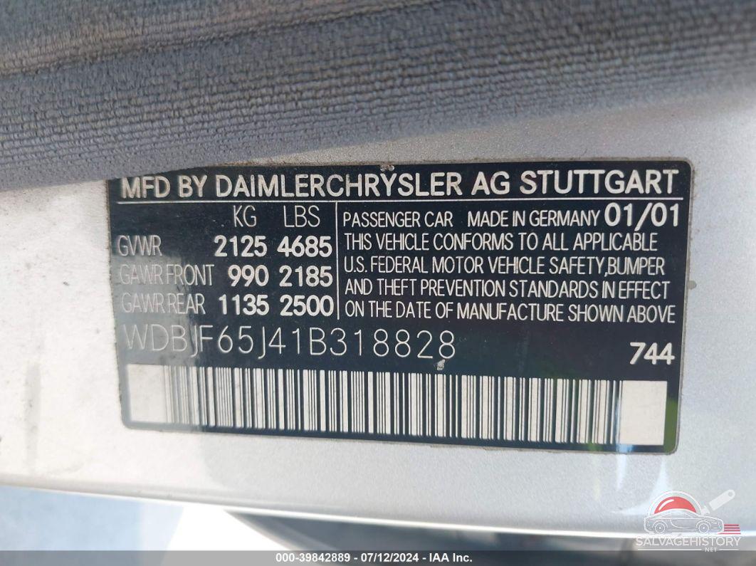 WDBJF65J41B318828 2001 MERCEDES-BENZ E photo no. 9