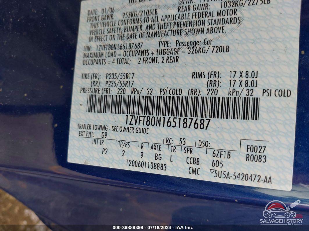 1ZVFT80N165187687 2006 FORD MUSTANG photo no. 9