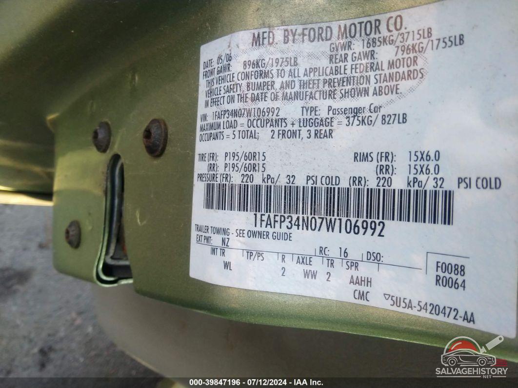 1FAFP34N07W106992 2007 FORD FOCUS photo no. 9