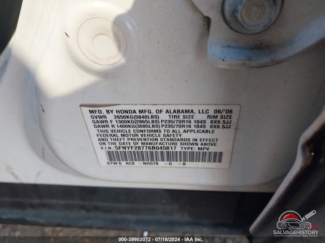 5FNYF28776B045817 2006 HONDA PILOT photo no. 9