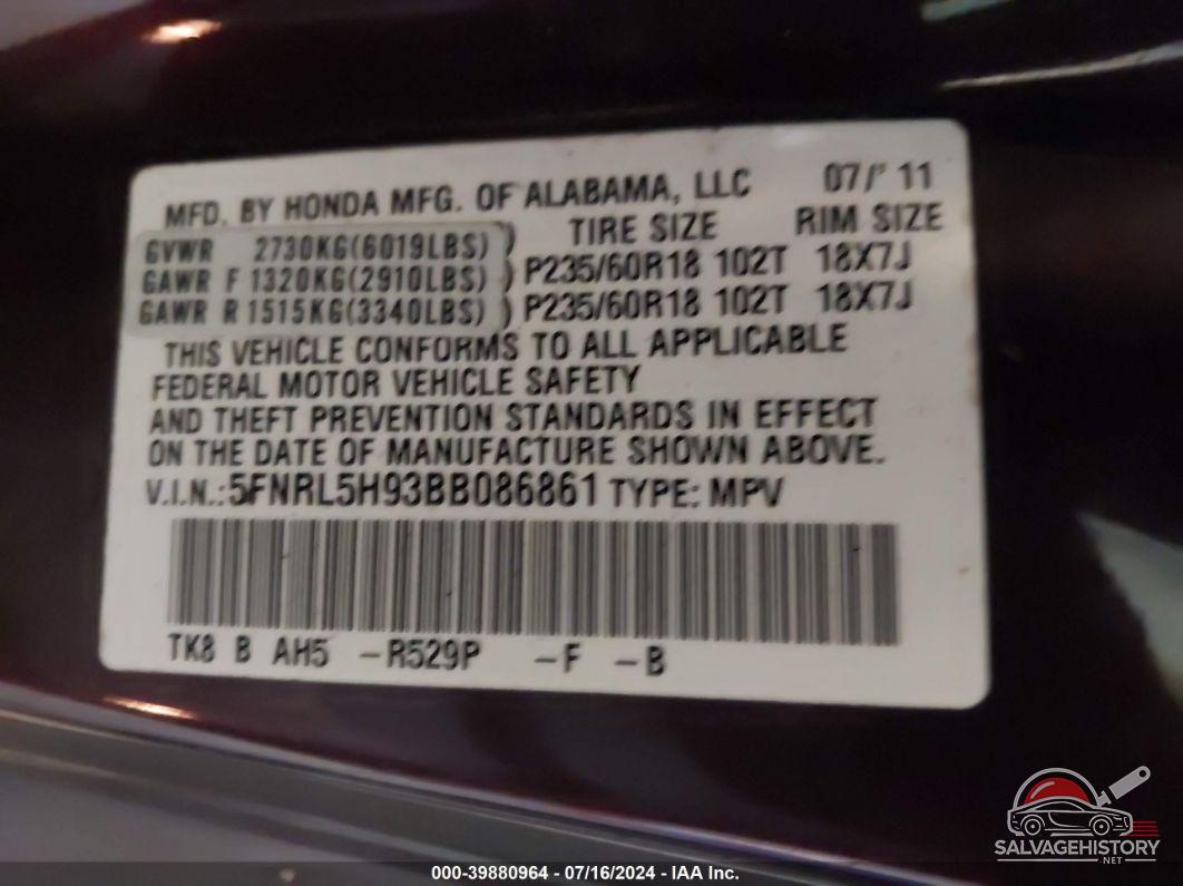 5FNRL5H93BB086861 2011 HONDA ODYSSEY photo no. 9
