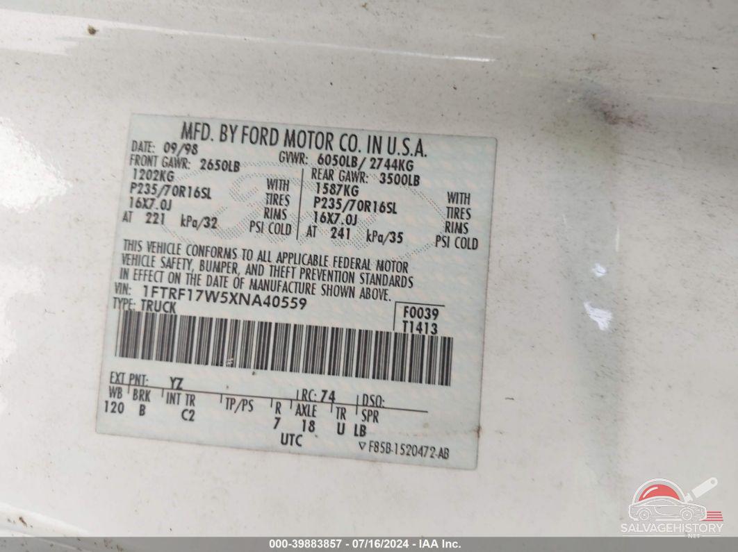 1FTRF17W5XNA40559 1999 FORD F-150 photo no. 9