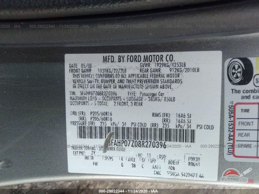 3FAHP07Z08R270396 2008 FORD FUSION photo no. 9