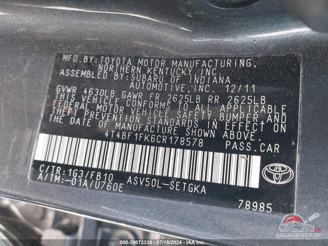 4T4BF1FK6CR178578 2012 TOYOTA CAMRY photo no. 9