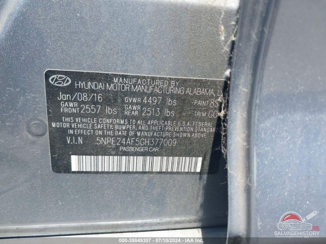 5NPE24AF5GH377009 2016 HYUNDAI SONATA photo no. 9