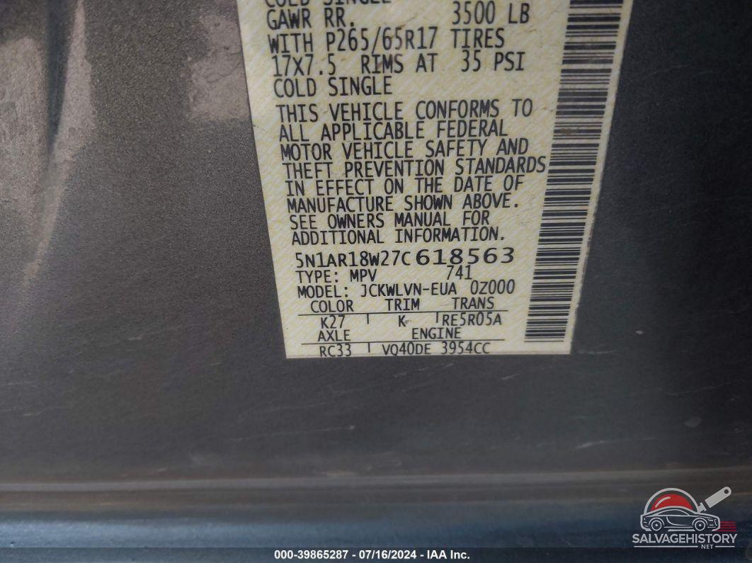 5N1AR18W27C618563 2007 NISSAN PATHFINDER photo no. 9