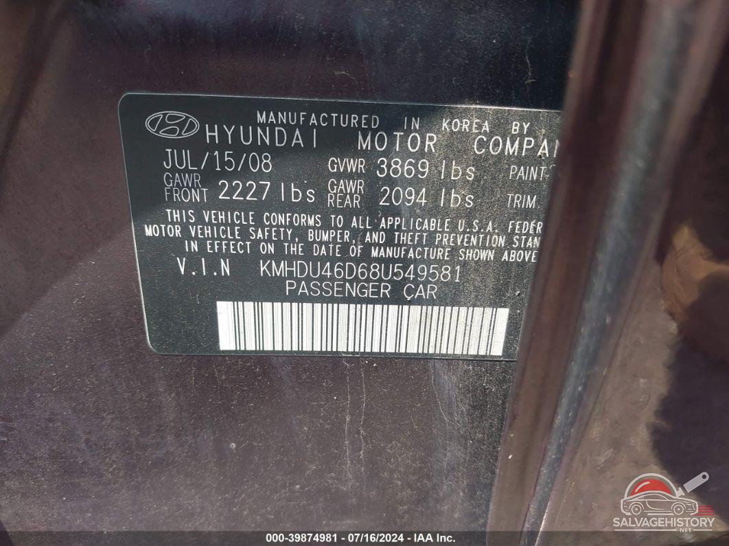 KMHDU46D68U549581 2008 HYUNDAI ELANTRA photo no. 9