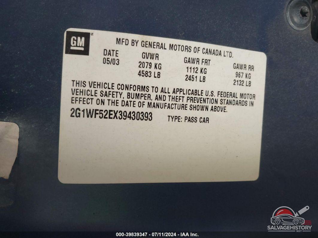2G1WF52EX39430393 2003 CHEVROLET IMPALA photo no. 9