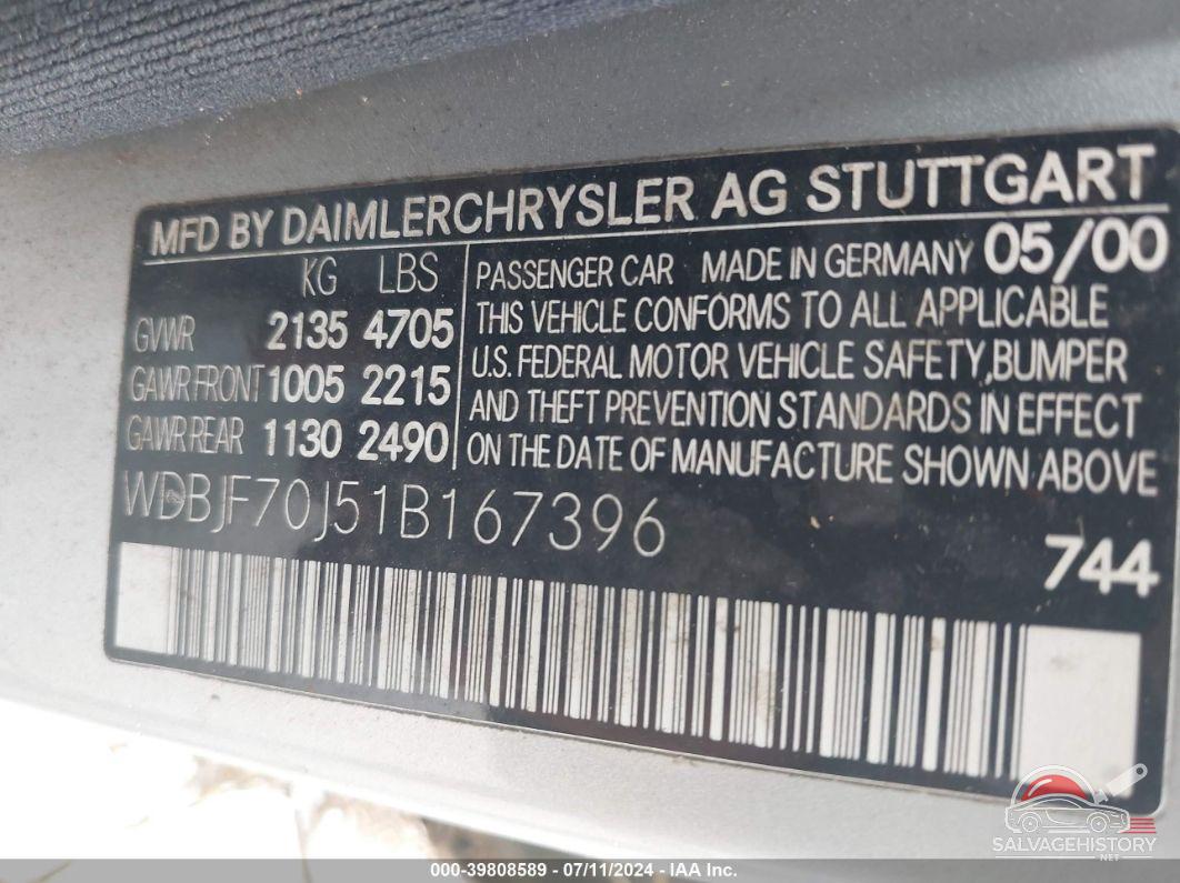 WDBJF70J51B167396 2001 MERCEDES-BENZ E 430 photo no. 9