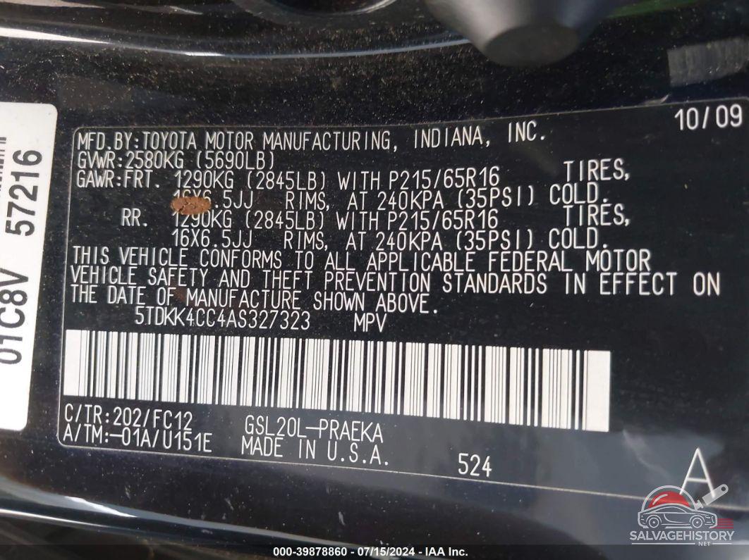5TDKK4CC4AS327323 2010 TOYOTA SIENNA photo no. 9