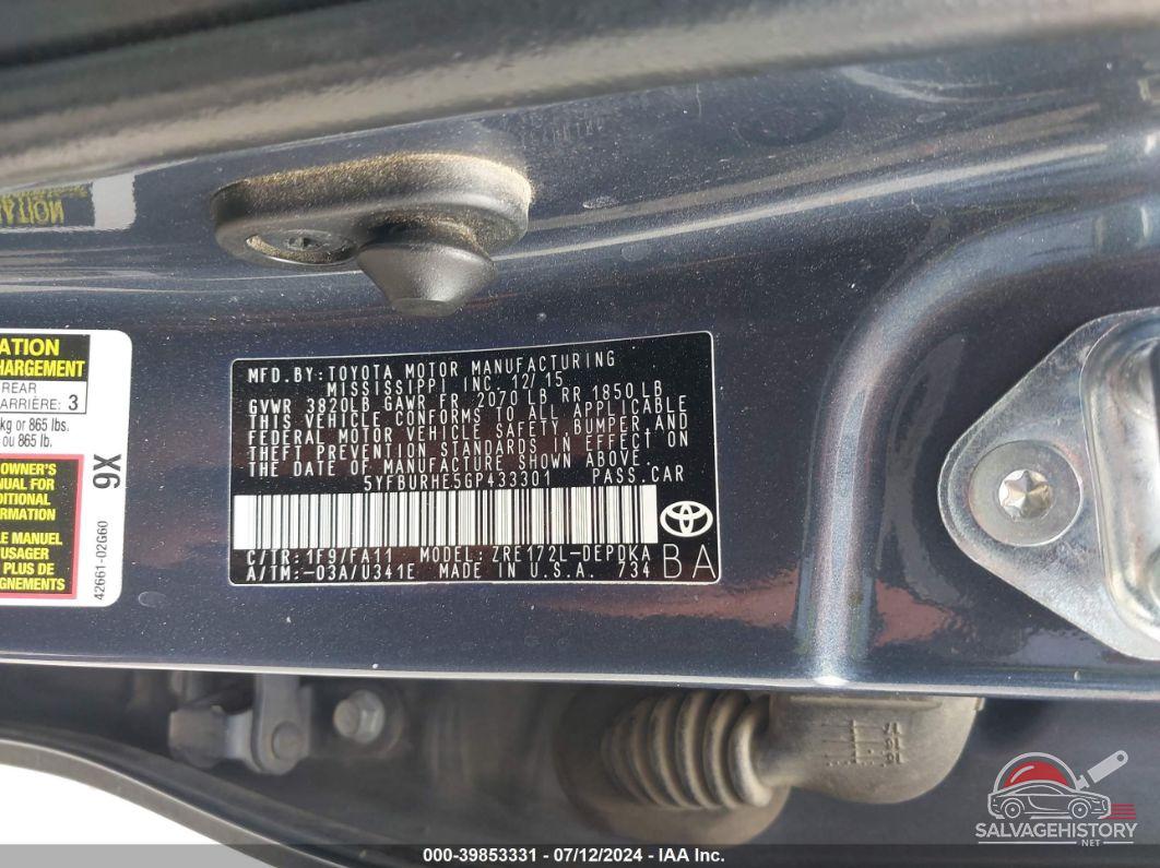 5YFBURHE5GP433301 2016 TOYOTA COROLLA photo no. 9