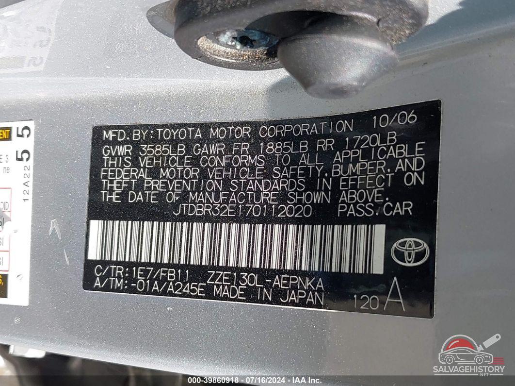 JTDBR32E170112020 2007 TOYOTA COROLLA photo no. 9