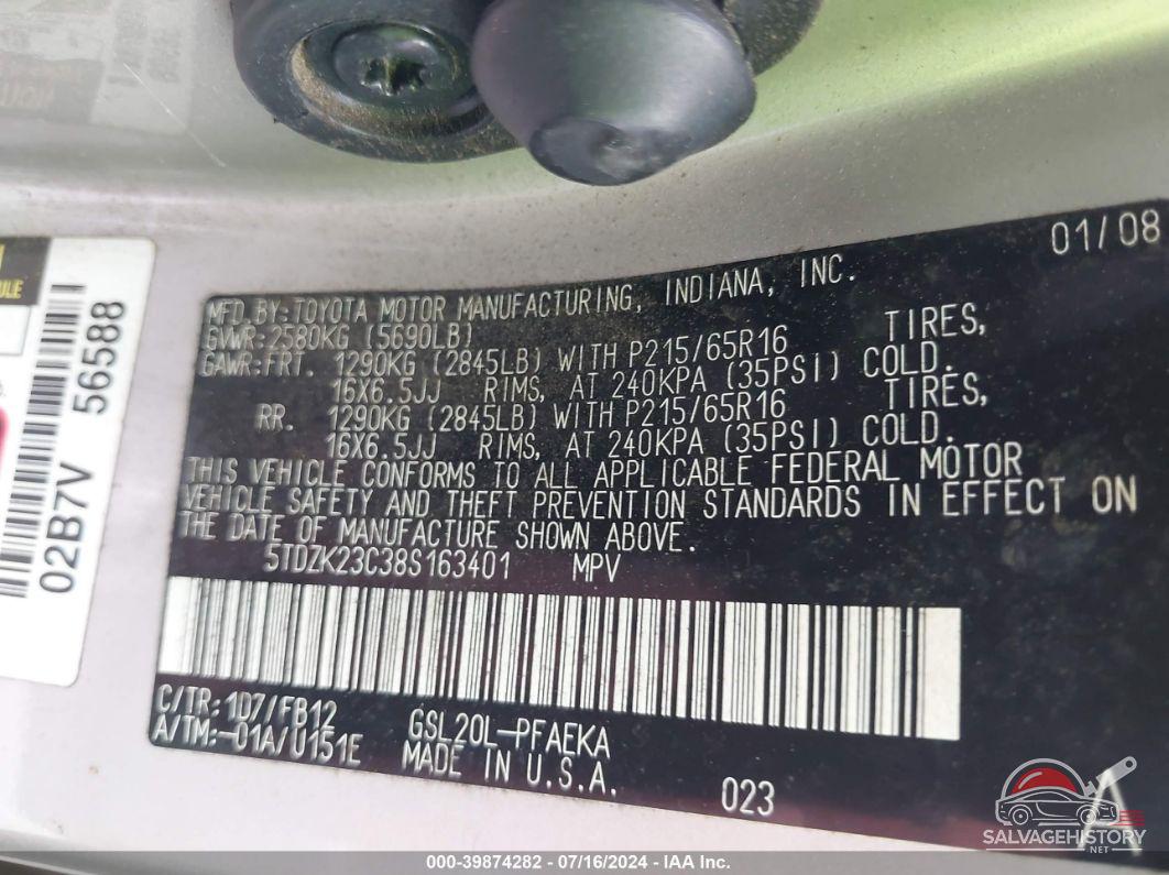 5TDZK23C38S163401 2008 TOYOTA SIENNA photo no. 9