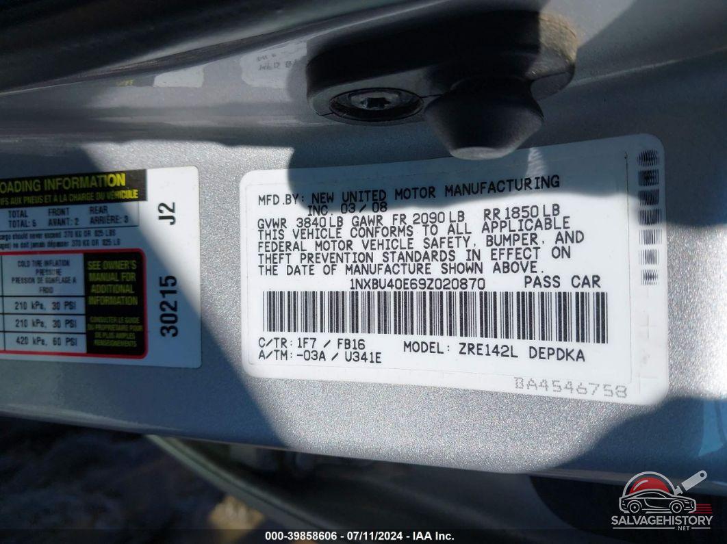 1NXBU40E69Z020870 2009 TOYOTA COROLLA photo no. 9