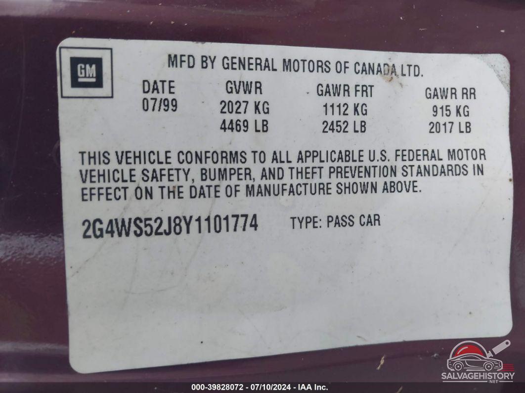 2G4WS52J8Y1101774 2000 BUICK CENTURY photo no. 9