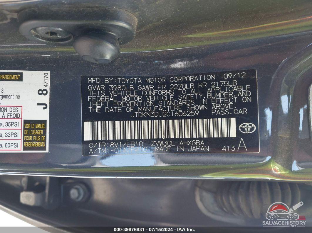 JTDKN3DU2C1606259 2012 TOYOTA PRIUS photo no. 9