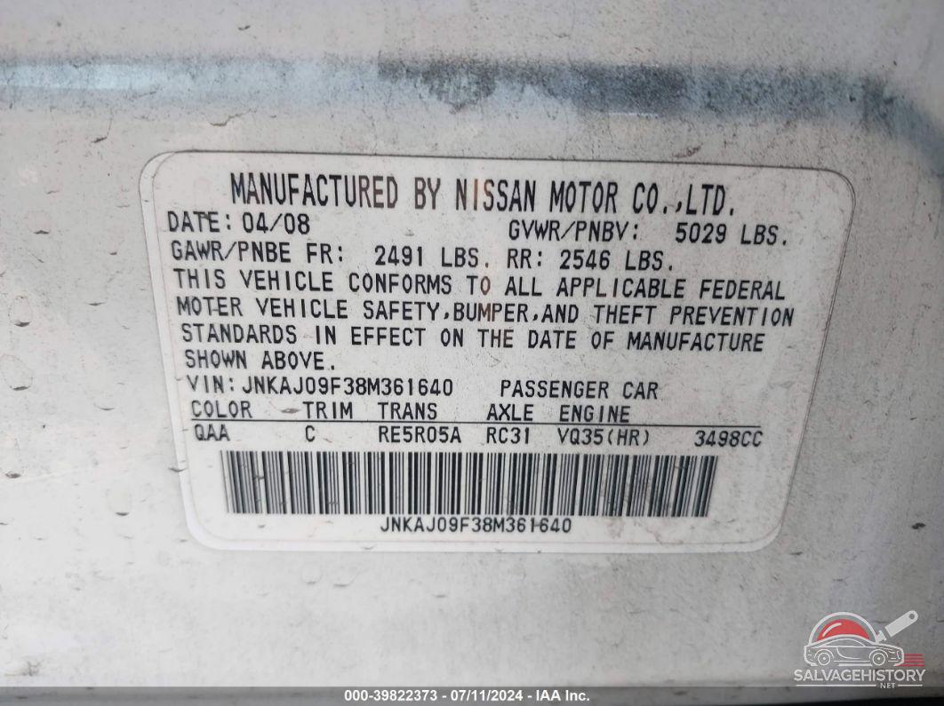 JNKAJ09F38M361640 2008 INFINITI EX35 photo no. 9