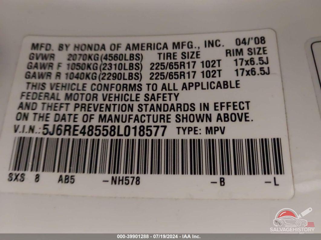 5J6RE48558L018577 2008 HONDA CR-V photo no. 9
