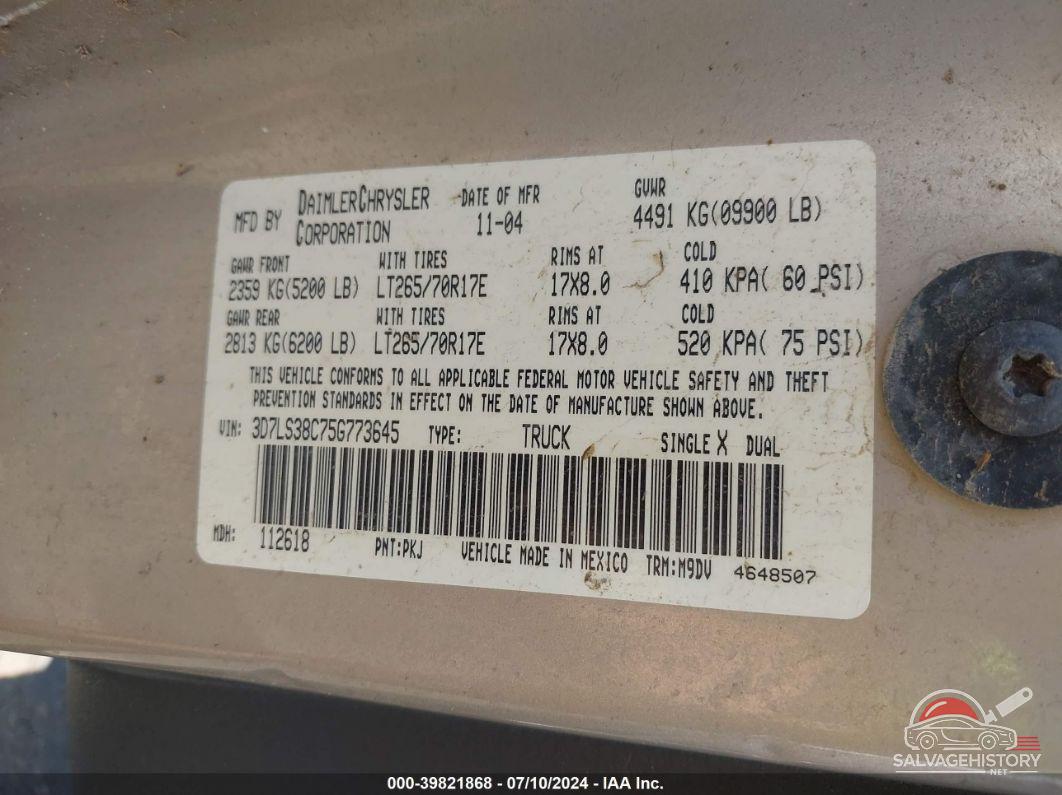 3D7LS38C75G773645 2005 DODGE RAM 3500 photo no. 9
