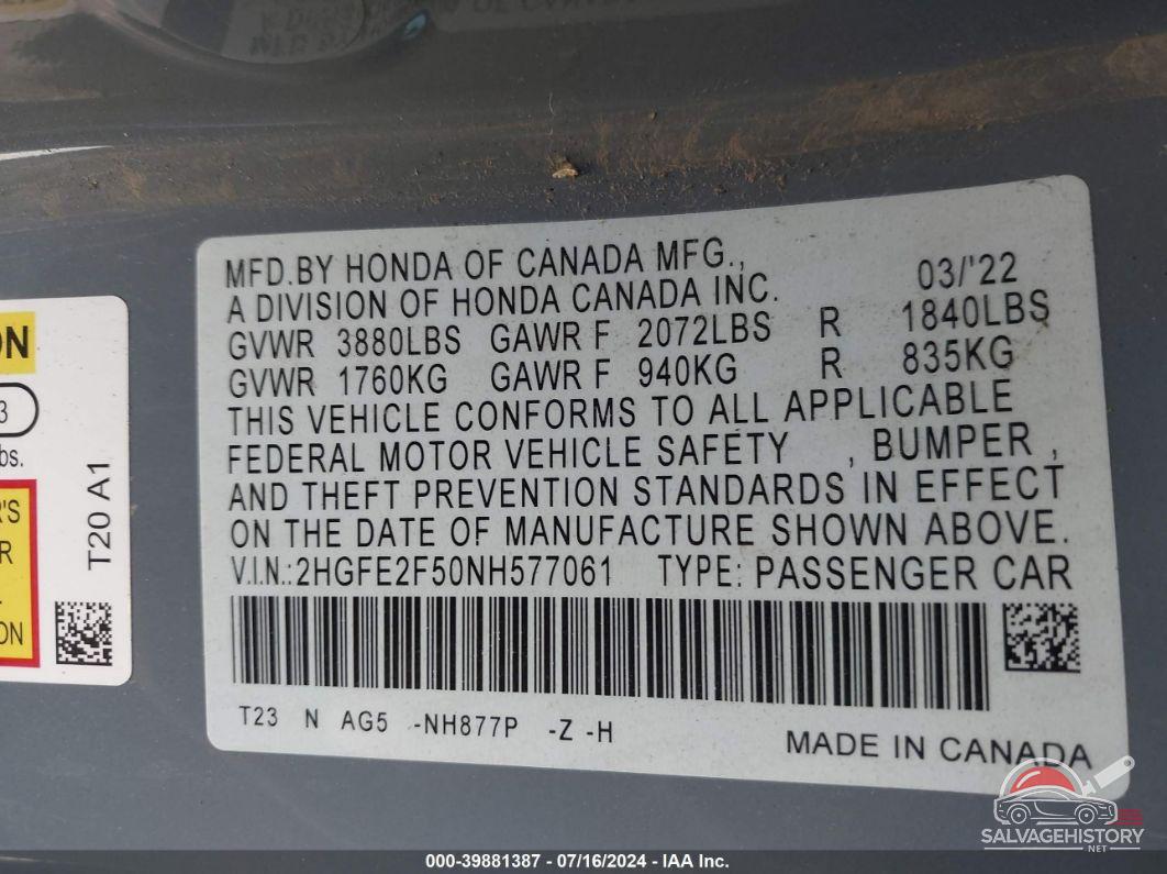 2HGFE2F50NH577061 2022 HONDA CIVIC photo no. 9