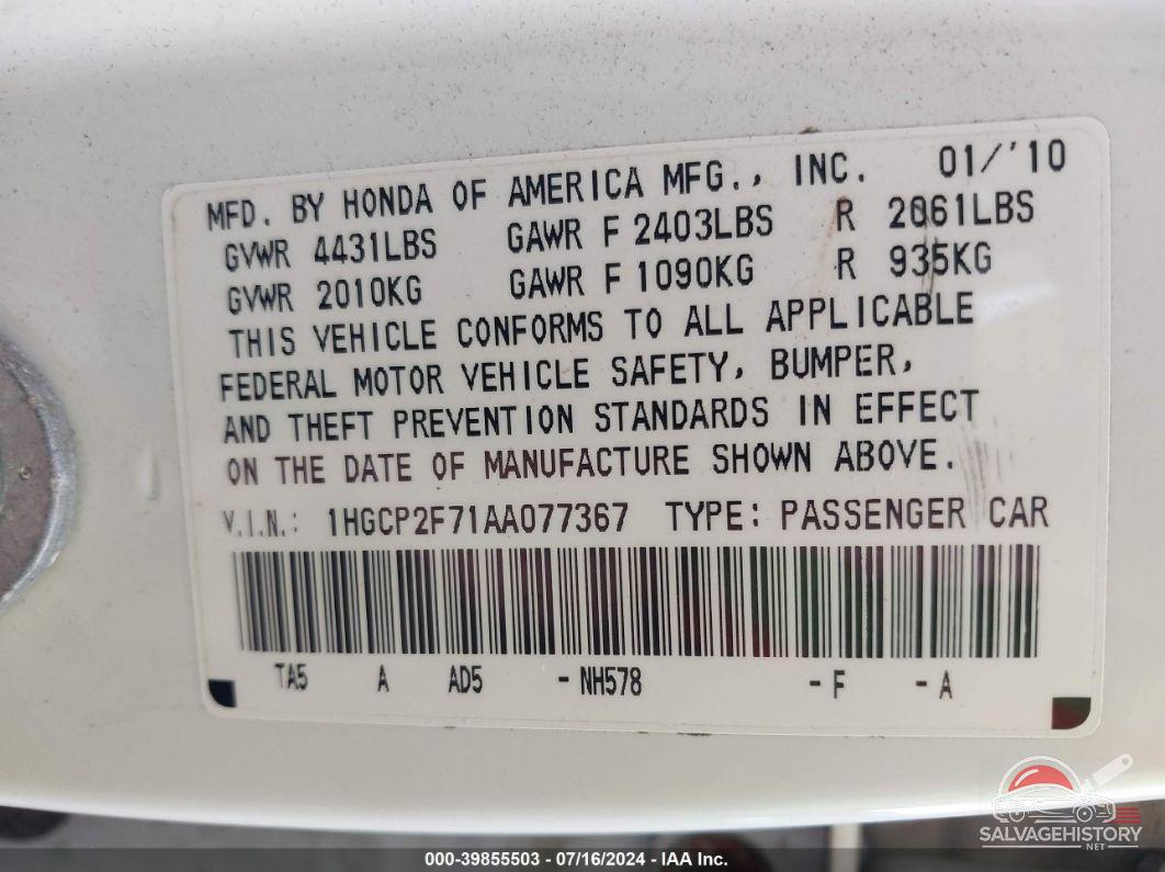 1HGCP2F71AA077367 2010 HONDA ACCORD photo no. 9