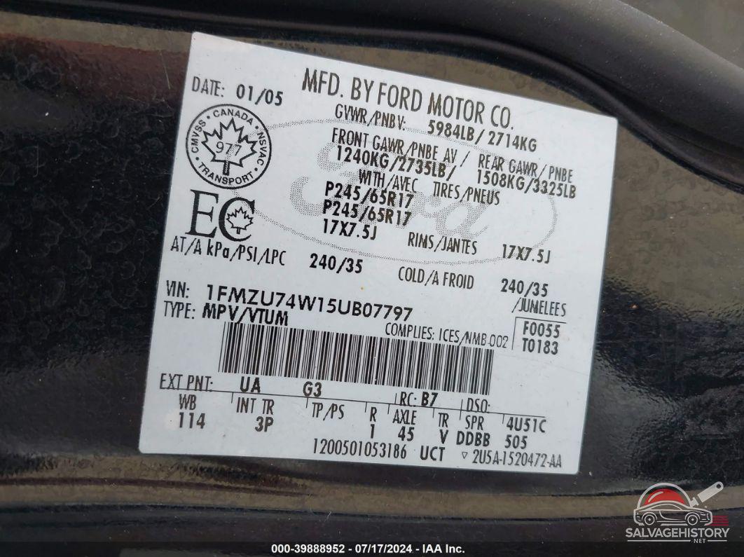 1FMZU74W15UB07797 2005 FORD EXPLORER photo no. 9
