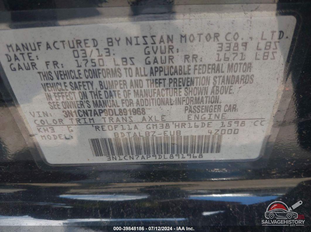 3N1CN7AP9DL891968 2013 NISSAN VERSA photo no. 9