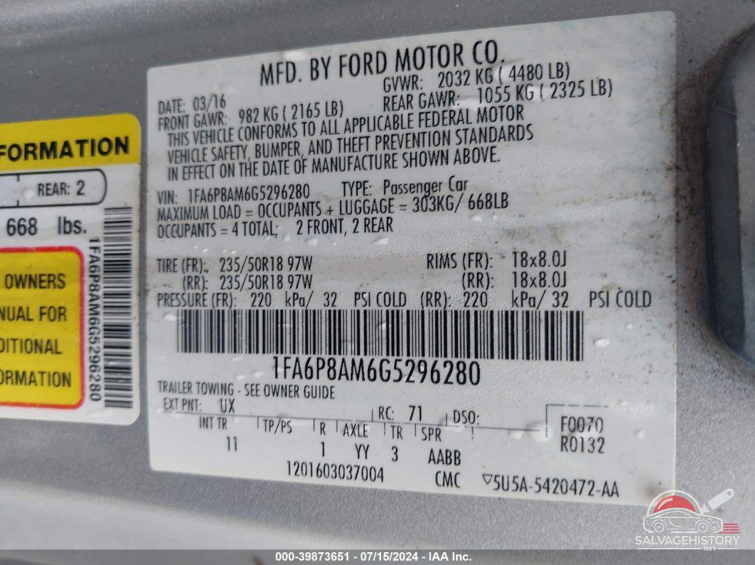 1FA6P8AM6G5296280 2016 FORD MUSTANG photo no. 9
