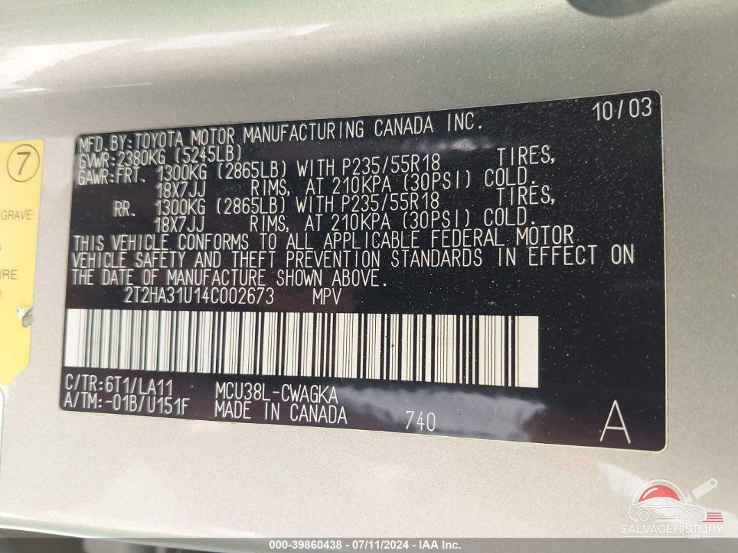 2T2HA31U14C002673 2004 LEXUS RX 330 photo no. 9