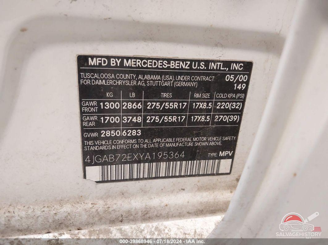 4JGAB72EXYA195364 2000 MERCEDES-BENZ ML photo no. 9