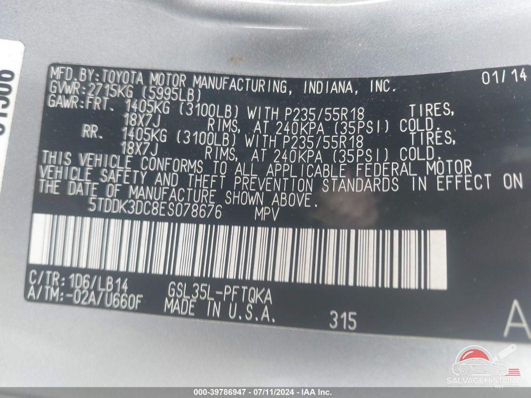 5TDDK3DC8ES078676 2014 TOYOTA SIENNA photo no. 9