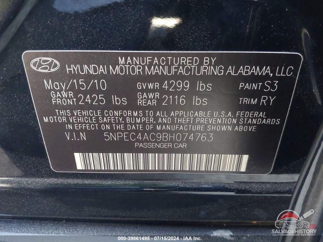 5NPEC4AC9BH074763 2011 HYUNDAI SONATA photo no. 9