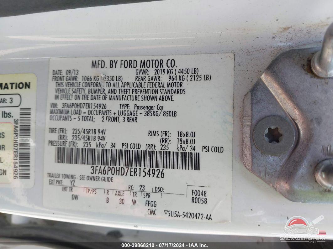 3FA6P0HD7ER154926 2014 FORD FUSION photo no. 9